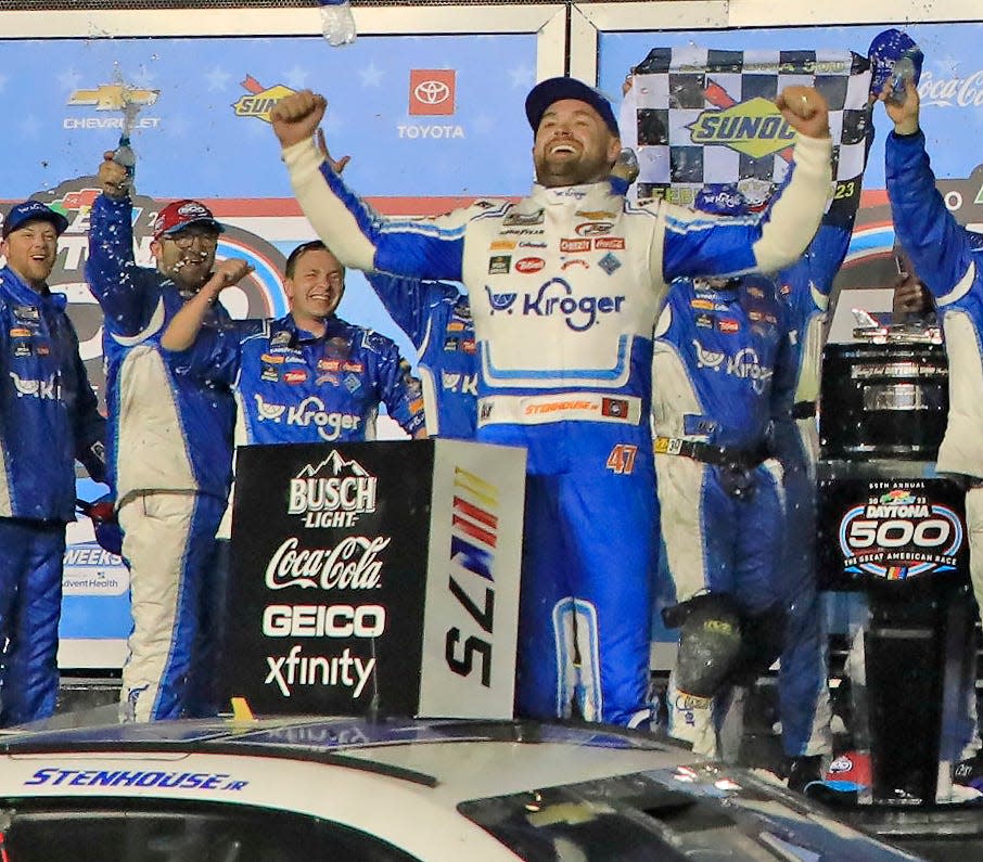 NASCAR driver Ricky Stenhouse Jr. celebrates his victory in the last year's Daytona 500. A high chance of rain this weekend could interfere with the scheduled running of the 66th Daytona 500 on Sunday at Daytona International Speedway.