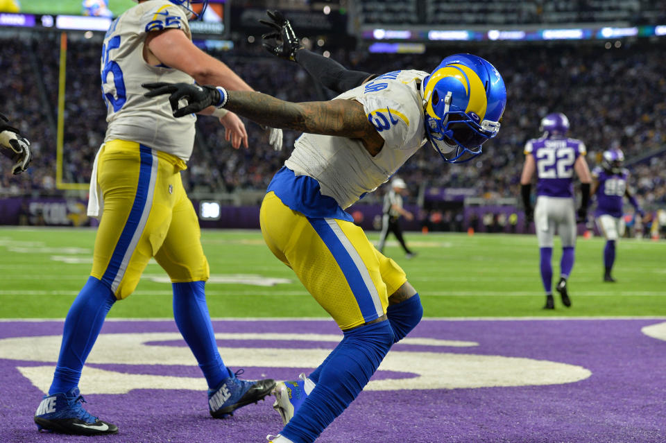 Dec 26, 2021; Minneapolis, Minnesota, USA; Los Angeles Rams wide receiver Odell Beckham Jr. (3) reacts after catching a 7 yard touchdown pass against the Minnesota Vikings during the fourth quarter at U.S. Bank Stadium. Mandatory Credit: Jeffrey Becker-USA TODAY Sports
