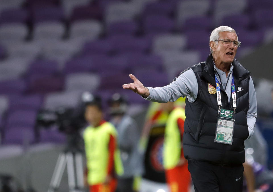 China's head coach Marcello Lippi reacts during the AFC Asian Cup round of 16 soccer match between Thailand and China at the Hazza Bin Zayed stadium in Al Ain, United Arab Emirates, Sunday, Jan. 20, 2019. (AP Photo/Hassan Ammar)