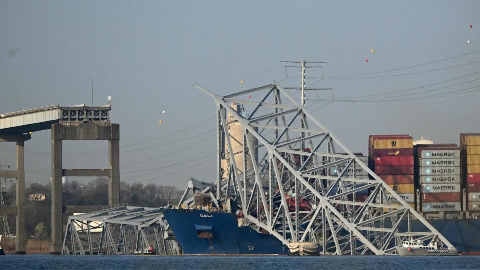 The collapsed Francis Scott Key Bridge lies on top of the container ship Dali in Baltimore, Maryland, on March 29, 2024, (Photo by Mandel NGAN / AFP) (Mandel Ngan/AFP via Getty Images)