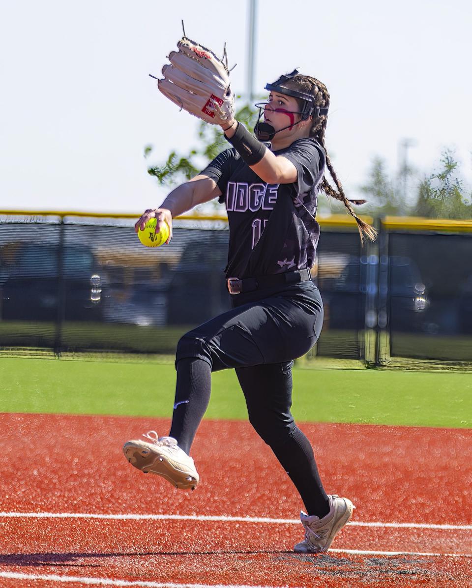Vista Ridge Rangers pitcher Mikala Ham (17) winds up for the pitch against the Johnson Jaguars during the first inning at the Bi-District 6A softball playoff on Saturday, April 29, 2023, at Glenn High School in Leander, TX.