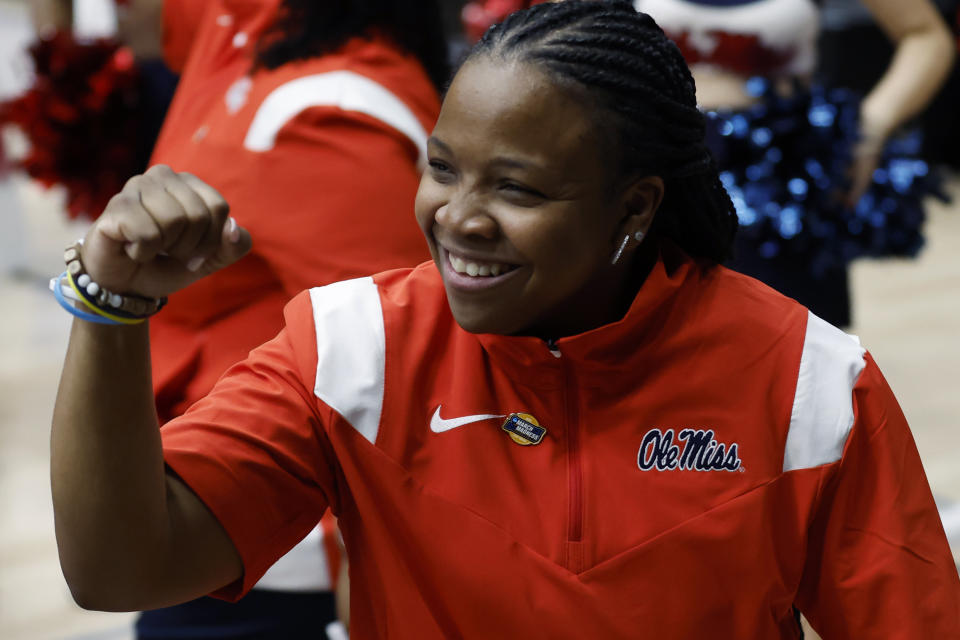 Mississippi coach Yolett McPhee-McCuin celebrates the team's win overGonzaga in a first-round college basketball game in the women's NCAA Tournament in Stanford, Calif., Friday, March 17, 2023. (AP Photo/Josie Lepe)