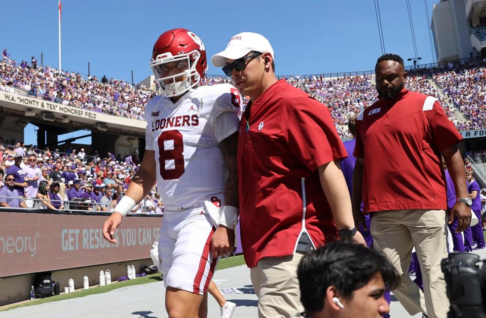 Oct 1, 2022; Fort Worth, Texas, USA;  Oklahoma Sooners quarterback Dillon Gabriel (8) heads to the locker room during the first half against the TCU Horned Frogs at Amon G. Carter Stadium. Mandatory Credit: Kevin Jairaj-USA TODAY Sports