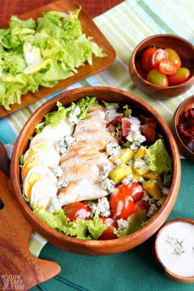 <p><a href="https://lowcarbyum.com/healthy-chicken-cobb-salad-recipe-for-one/" rel="nofollow noopener" target="_blank" data-ylk="slk:Low Carb Yum;elm:context_link;itc:0;sec:content-canvas" class="link ">Low Carb Yum</a></p><p>Cobb salads are often labeled unhealthy because of the oversized restaurant ones. This healthy chicken Cobb salad recipe for one is a great low-carb meal.</p><p><strong>Get the recipe: <a href="https://lowcarbyum.com/healthy-chicken-cobb-salad-recipe-for-one/" rel="nofollow noopener" target="_blank" data-ylk="slk:Healthy Cobb Salad;elm:context_link;itc:0;sec:content-canvas" class="link ">Healthy Cobb Salad</a></strong></p>