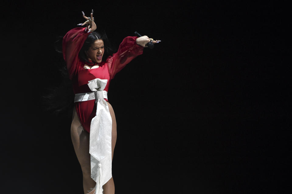 Rosalia performs a medley at the 20th Latin Grammy Awards on Thursday, Nov. 14, 2019, at the MGM Grand Garden Arena in Las Vegas. (AP Photo/Chris Pizzello)