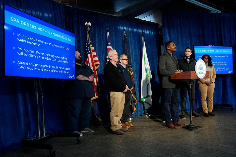 EPA Administrator Michael Regan outlines the EPA's order for Norfolk Southern during a news conference in East Palestine on Feb. 21.