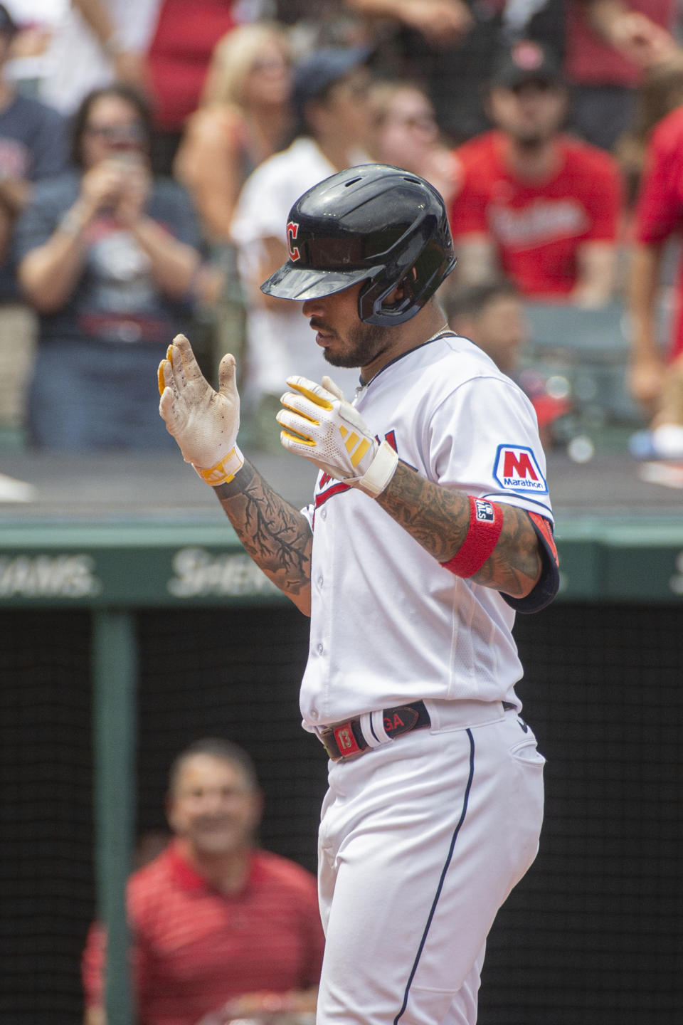 Cleveland Guardians' Gabriel Arias celebrates after hitting a two-run home run off Chicago White Sox starting pitcher Jesse Scholtens during the fifth inning of a baseball game in Cleveland, Sunday, August 6, 2023. (AP Photo/Phil Long)