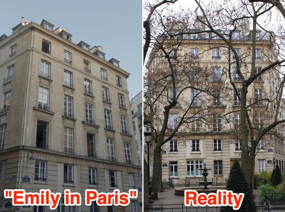 Emily's apartment in "Emily in Paris" (L) and in reality (R).
