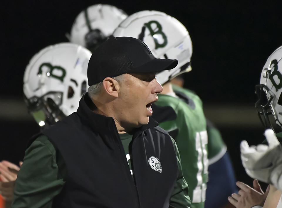 Bishop Brossart head coach Paul Wiggins Jr. instructs his team against Fairview during a KHSAA first-round playoff game at the Mustang Athletic Complex on Friday, Nov 4, 2022.