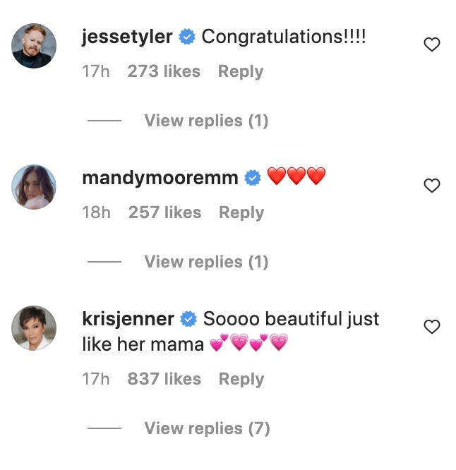 A screenshot of comments left by celebrities, including John Legend, Kaley Cuoco, and Kris Jenner, on a photo Chrissy Teigen posted of her newborn daughter.