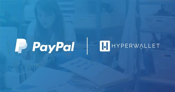 A blue field with the PayPal and Hyperwallet logos.