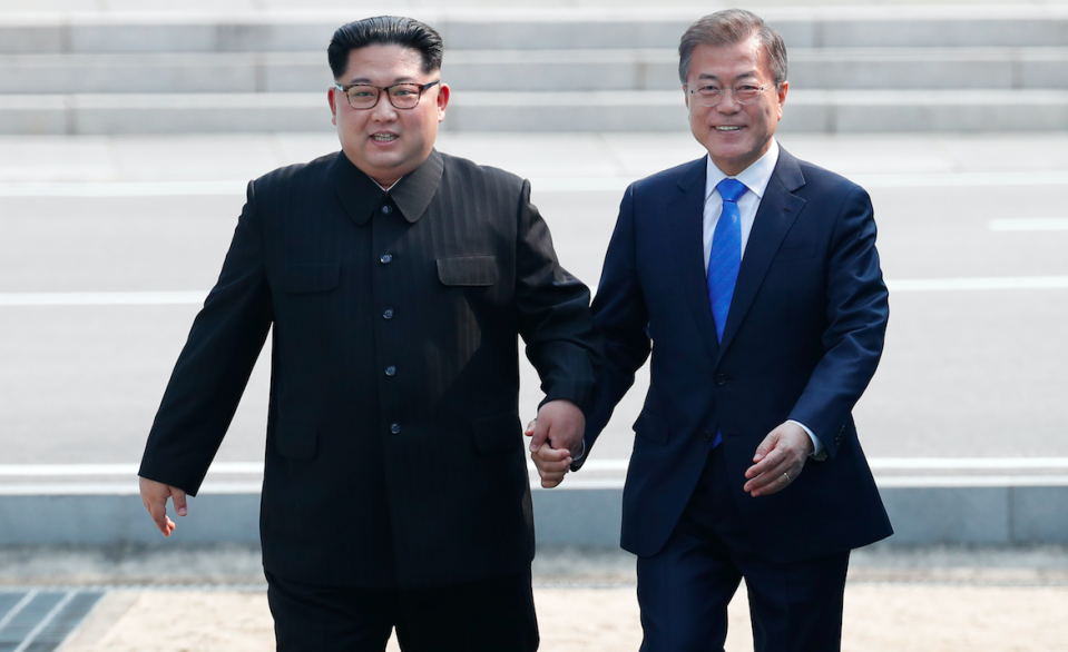 <em>Kim Jong-un (left) held diplomacy talks with South Korean president Moon Jae-in (right) last month (Rex)</em>