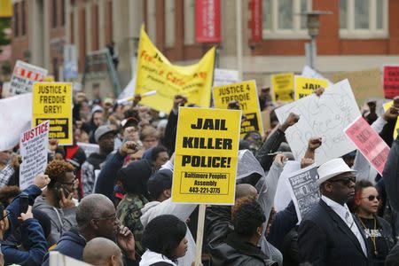 Protesters are gathered for a rally to protest the death of Freddie Gray who died following an arrest in Baltimore, Maryland April 25, 2015. REUTERS/Shannon Stapleton