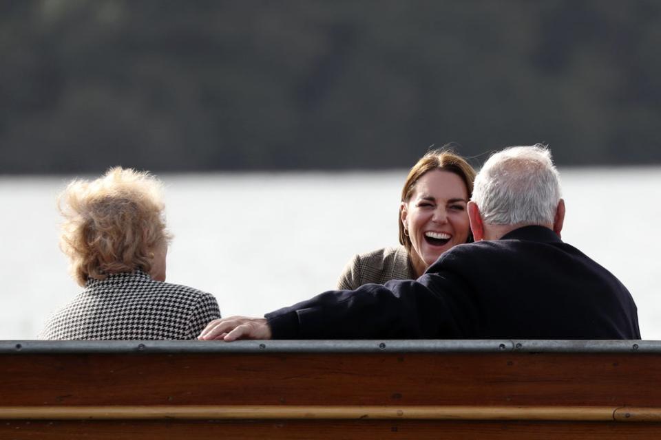 The Duchess of Cambridge (centre) takes a boat trip with Jean Hersh and Arek Hersh on Lake Windermere (Scott Heppell/PA) (PA Wire)