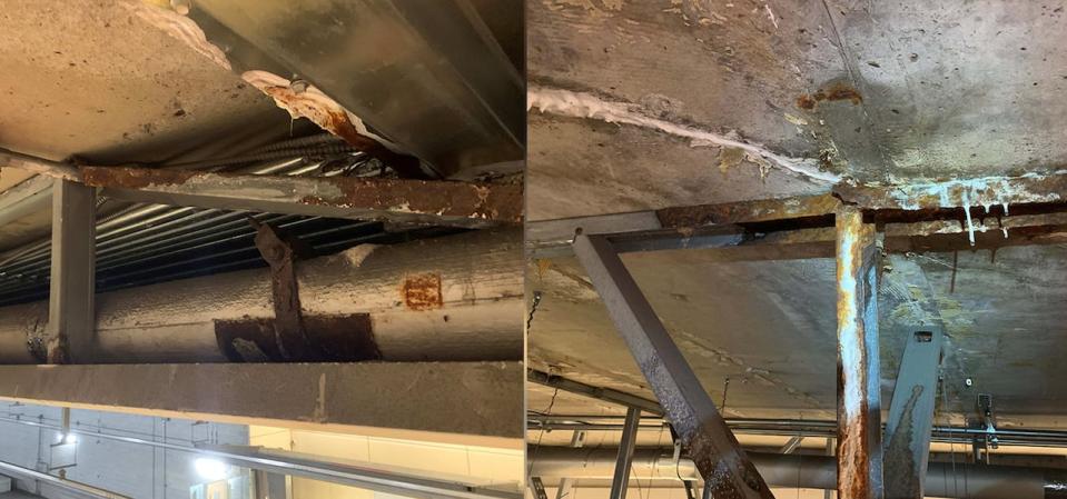 A few of the images shared among city transit and infrastructure staff show corroding metal framing that held up ceiling tiles above the St-Laurent LRT station platforms.