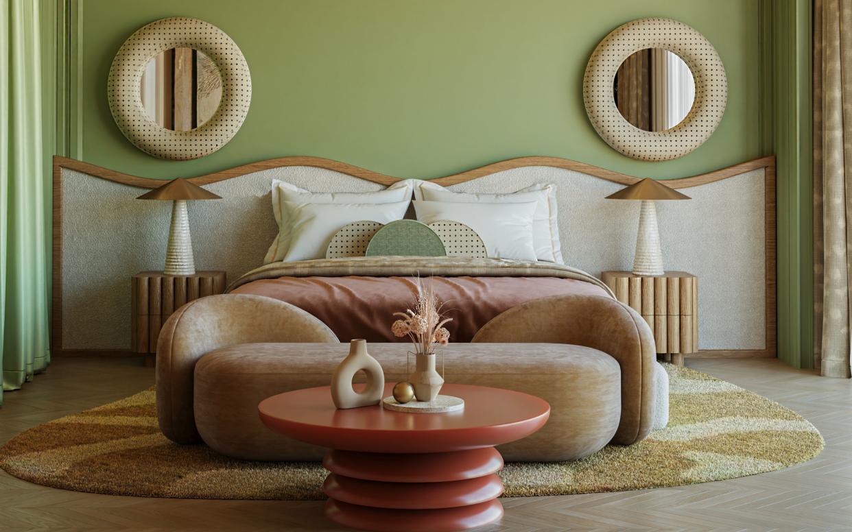  A pale green bedroom with symmetrical layout 