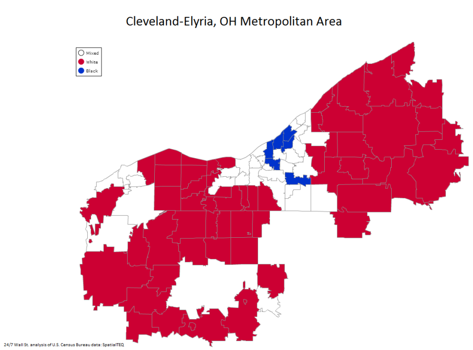 1. Cleveland-Elyria, OH. Percentage of population living in segregated areas: 55.1%. Black poverty rate: 33.6%. White poverty rate: 9.3%. Black unemployment rate: 20.2%. White unemployment rate: 5.4%