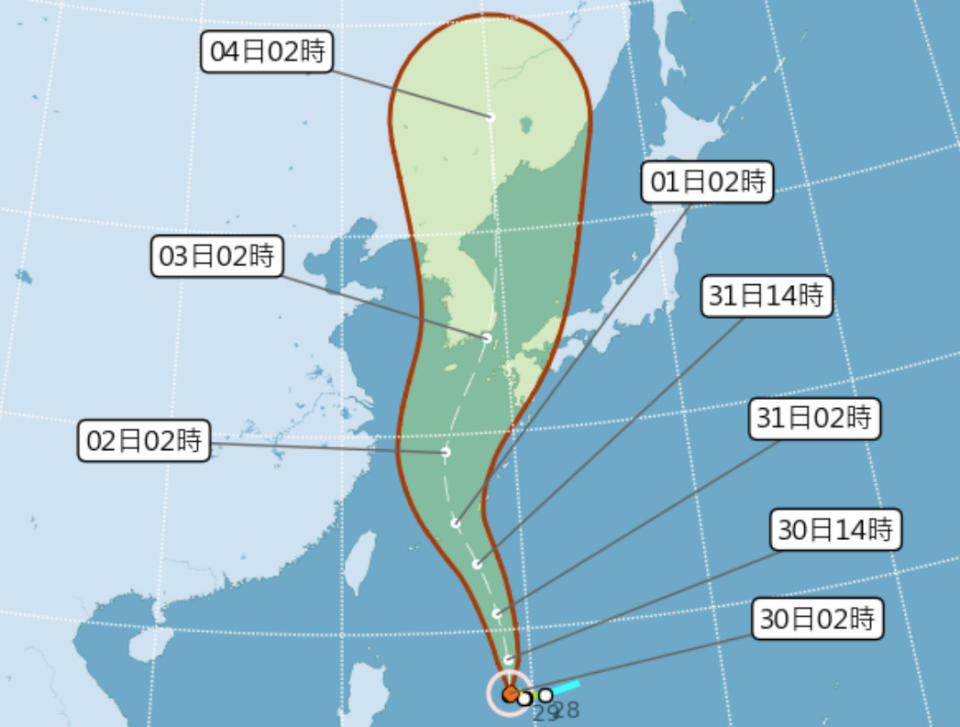 中颱梅莎目前正通過琉球至宮古島一帶，經東海再轉北北東往韓國方向前進、速度加快，北海岸與東北角今晚起將開始下雨，明下半天至後天上半天最靠近台灣，值得注意的是由於梅莎路徑海洋熱含量高有利其發展，預估強度將達中颱上限甚至不排除轉為強颱！（圖片來源：氣象局，下同）