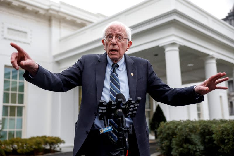 U.S. Senator Bernie Sanders (D-VT) speaks to the media at the statekout location at the White House in Washington