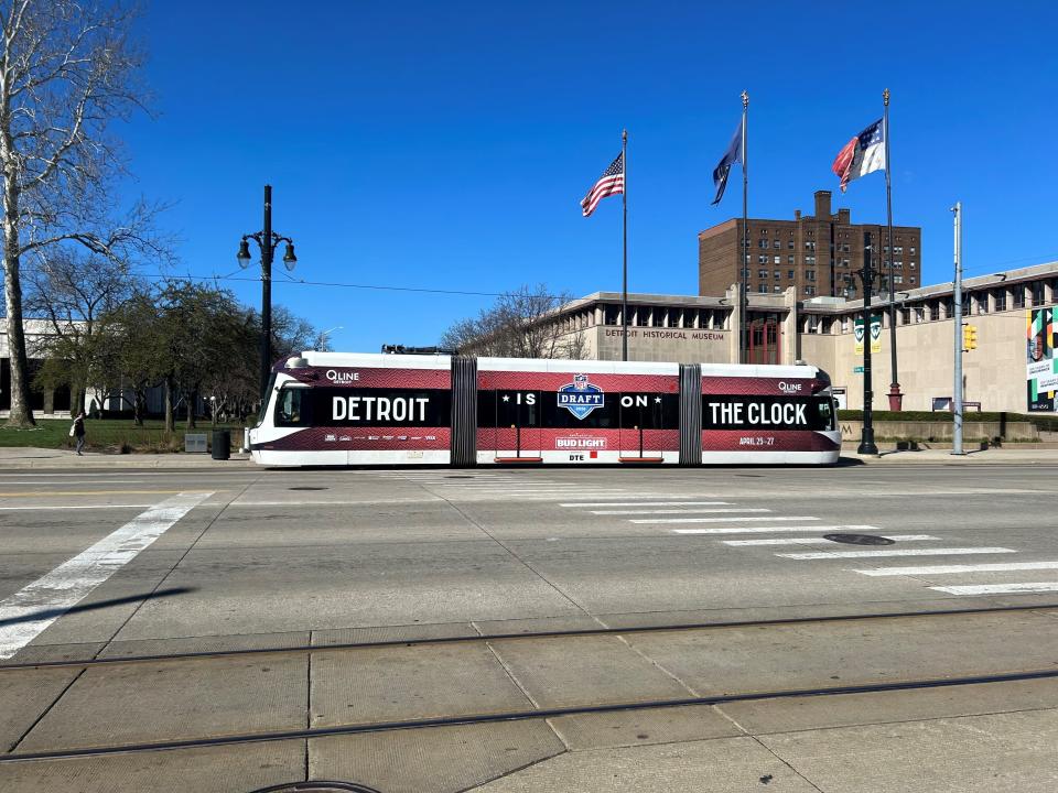 The QLine features advertising for the 2024 NFL draft in Detroit on Saturday, April. 6, 2024.