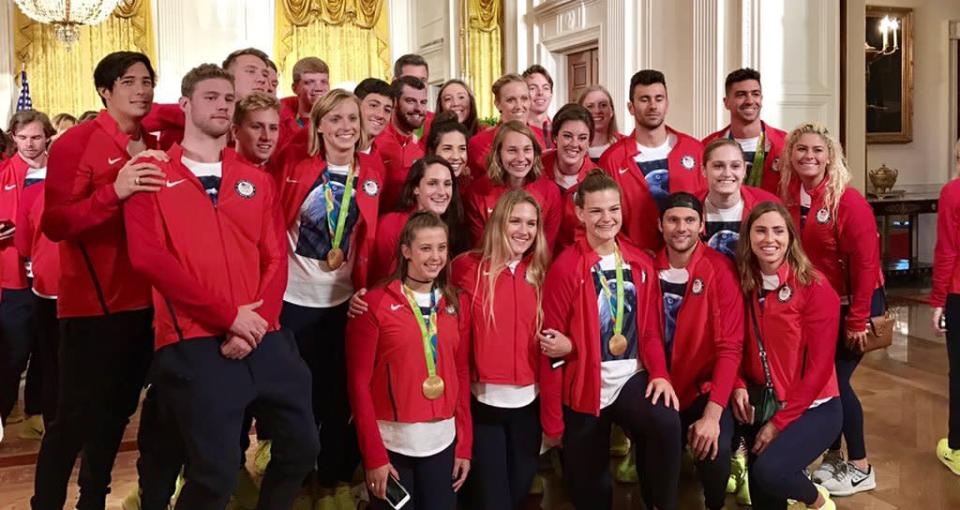 <p>Members of Team USA swimming pose during the White House ceremony honoring Rio Olympians. (Twitter/Team USA)</p>
