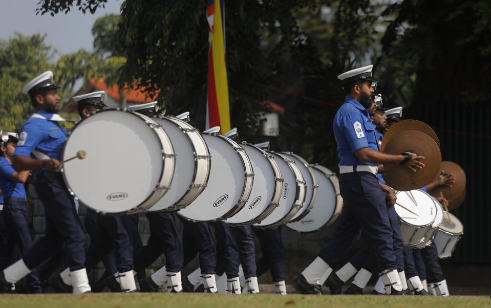 Sri Lankan navy soldiers march during the 73rd Independence Day parade rehearsal in Colombo, Sri Lanka, Wednesday, Feb. 3, 2021. Sri Lanka's independence from British colonial rule is celebrated on Feb. 4 each year. (AP Photo/Eranga Jayawardena)