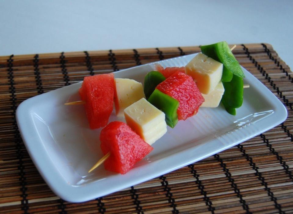 This is a simple yet complete meal. Watermelons and peppers have a high water content, which helps improve hydration.  <br> <br> --Nour Zibdeh <br> <br> <a href="http://www.nourzibdeh.com/2010/08/26/kiddy-snack-with-adult-appeal-watermelon-cheese-kabobs/" target="_blank"> Get the recipe here.</a>