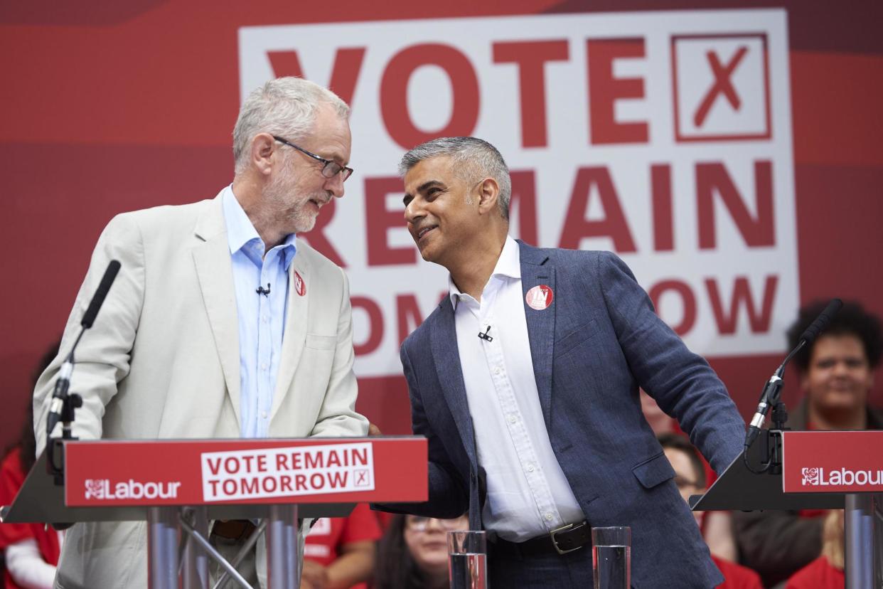 Labour leader Jeremy Corbyn and London Mayor Sadiq Khan at a rally in favour of remaining in the EU: AFP/Getty Images