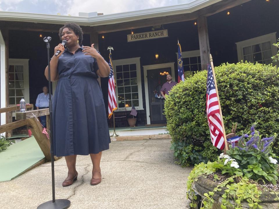 Georgia Democratic candidate for governor Stacey Abrams speaks on Thursday, July 28, 2022, during a rally in Clayton, Ga. (AP Photo/Jeff Amy)