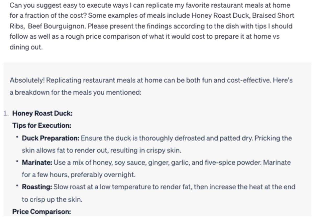 Screenshot of question asked to ChatGPT, 'Ways to cheaply replicate favorite restaurant meals at home'