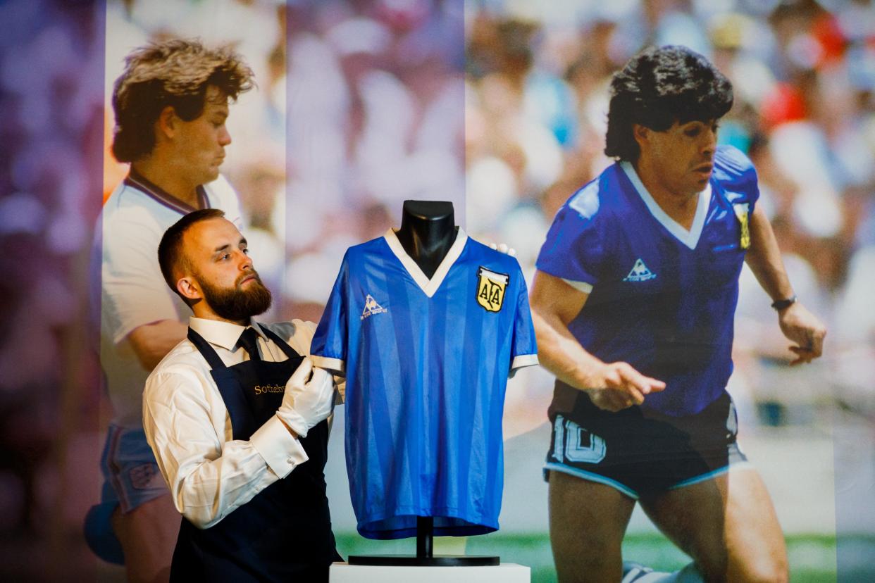Sotheby’s New Bond Street exhibition of Diego Maradona’s Historic 1986 World Cup Match-Worn Shirt opens to the public at Sotheby's on April 20, 2022 in London, England.