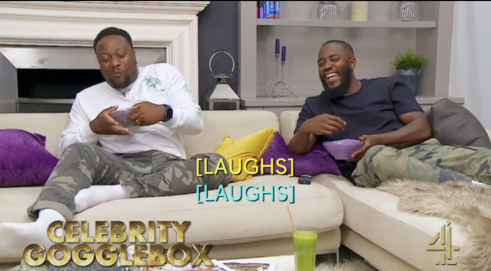 comedians mo gilligan and babatunde aléshé sat on sofa laughing will appearing in channel 4 tv show gogglebox