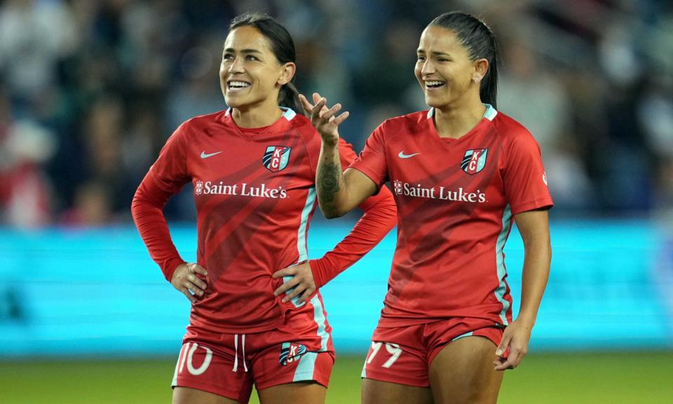 <span>Kansas City Current midfielder Lo'Eau LaBonta (10) and midfielder Debinha (99) look on during a 2023 game against the Chicago Red Stars at Children's Mercy Park. </span><span>Photograph: Jay Biggerstaff/USA Today Sports</span>