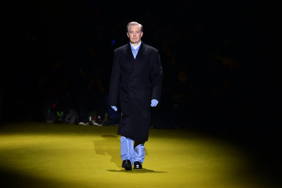 US actor Kyle MacLachlan presents a creation for Prada's Men's Fall/Winter 2022/2023 fashion collection on January 16, 2022 in Milan. (Photo by MIGUEL MEDINA / AFP) (Photo by MIGUEL MEDINA/AFP via Getty Images)