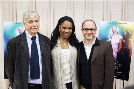 Actress Audra McDonald stands with writer Lanie Robertson (L) and director Lonny Price (R) while promoting the play "Lady Day at Emerson's Bar and Grill" in New York March 17, 2014. REUTERS/Lucas Jackson