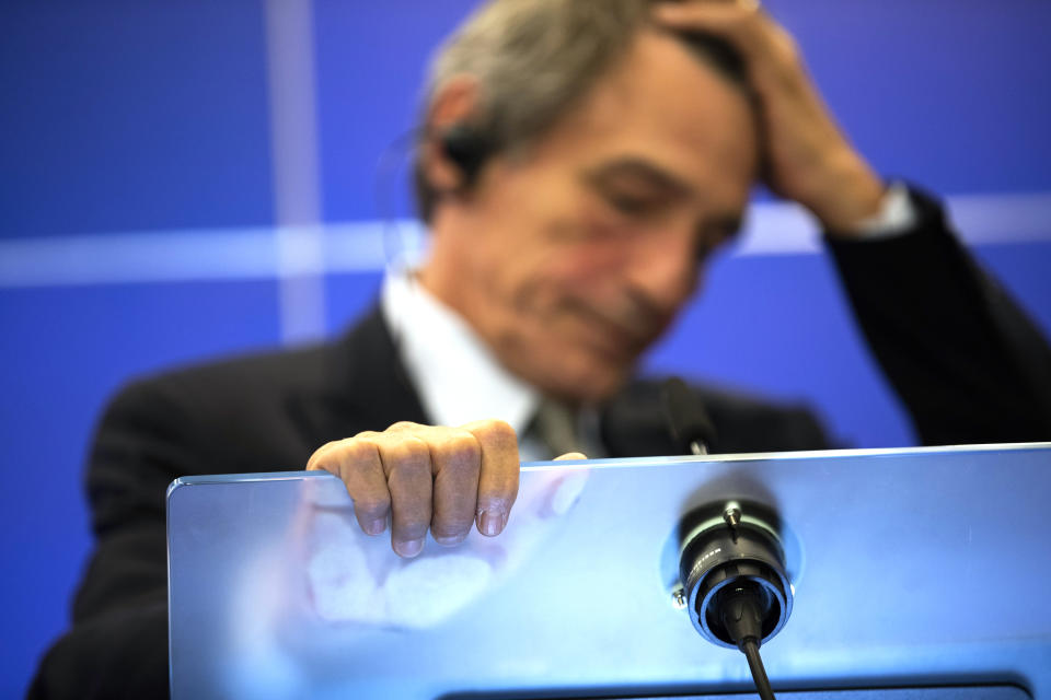 European Parliament President David Sassoli touches his forehead as he listens a question during a news conference at the European Parliament in Brussels, Thursday, Sept. 12, 2019. Sassoli says Prime Minister Boris Johnson's government has made no new proposals that would unblock Brexit talks and that talking about removing the so-called backstop from the divorce agreement is a waste of time. (AP Photo/Francisco Seco)