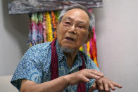 Lee Jong-keun speaks his experience of atomic bombing during an interview with The Associated Press in Hiroshima, western Japan Tuesday, Aug. 4, 2020. For nearly 70 years, until he turned 85, Lee hid his past as an atomic bomb survivor, fearful of the widespread discrimination against blast victims that has long persisted in Japan. But Lee, 92, is now part of a fast-dwindling group of survivors, known as hibakusha, that feels a growing urgency - desperation even - to tell their stories. (AP Photo/Eugene Hoshiko)
