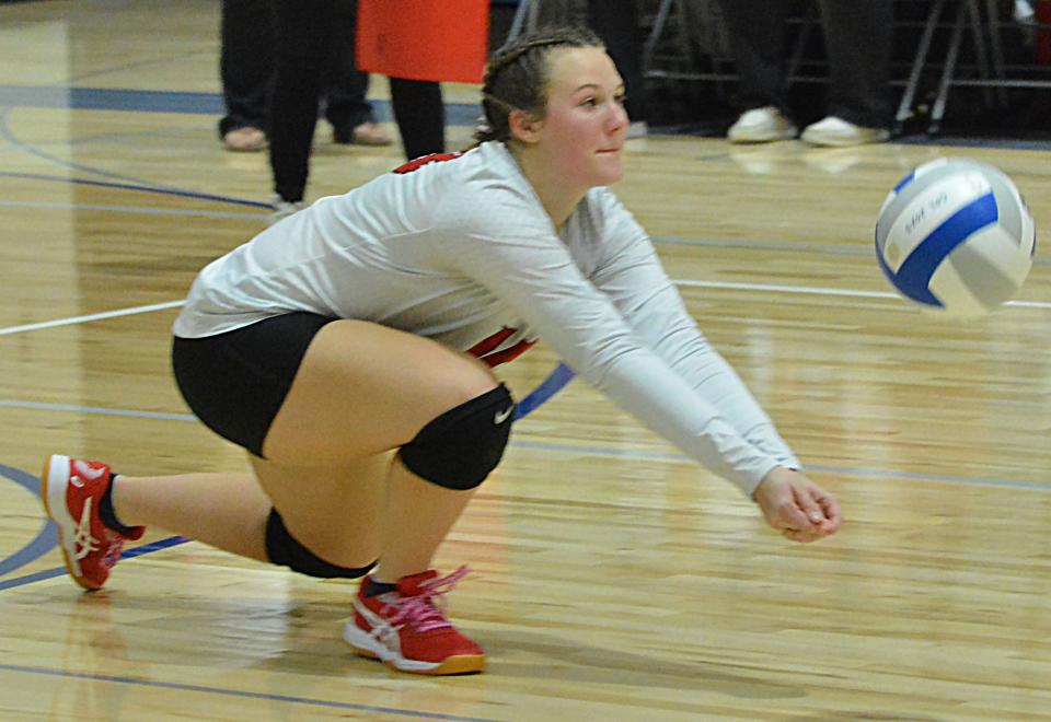 Sisseton libero Hannah Gibson dives for a low serve during a high school volleyball match against Great Plains Lutheran on Tuesday, Oct. 24, 2023 in Watertown.