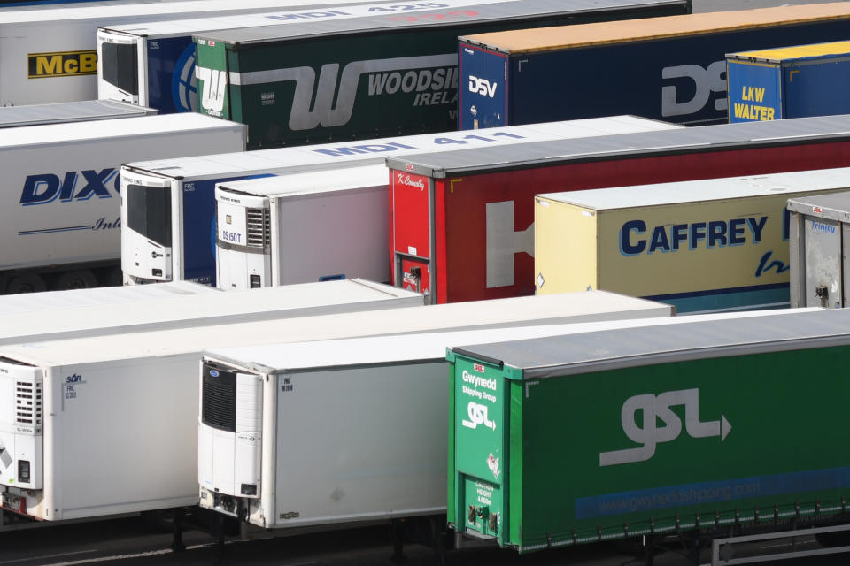 A general view of trucks ready to be loaded on a ferry. On Friday, May 31, 2019, in Dublin, Ireland. (Photo by Artur Widak/NurPhoto via Getty Images)