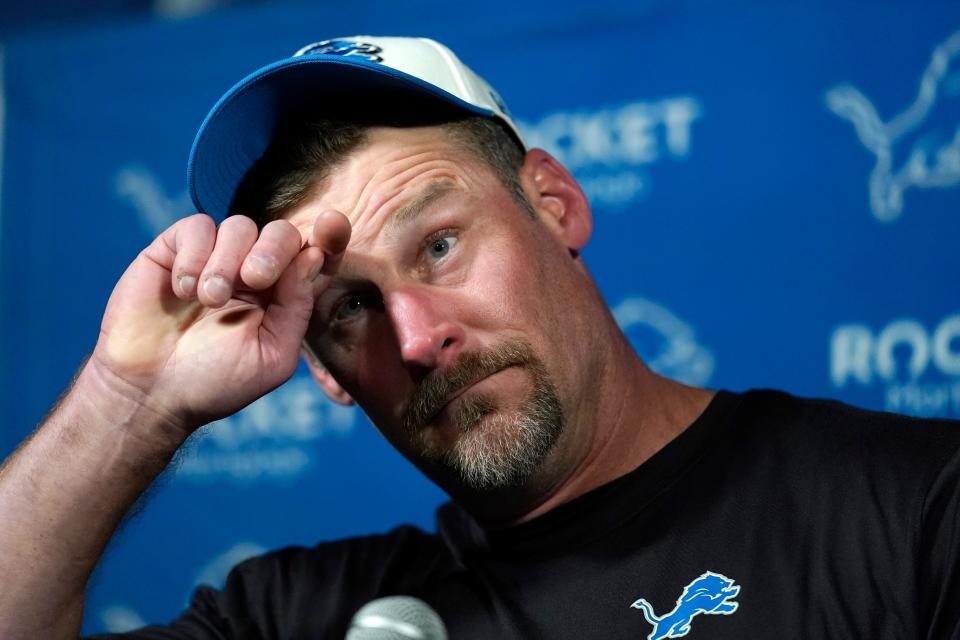 Lions head coach Dan Campbell faces reporters immediately following his team's 29-0 loss at the Patriots, Sunday, Oct. 9, 2022, in Foxborough, Mass.