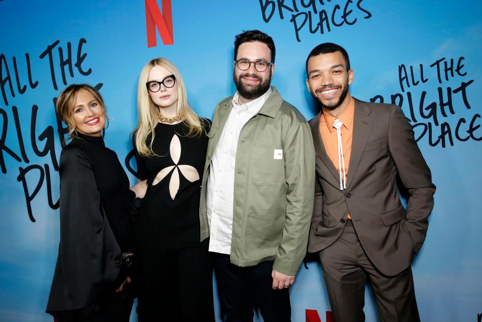 Author Jennifer Niven, actress Elle Fanning, director Brett Haley and actor Justice Smith attend the Netflix premiere of "All the Bright Places."