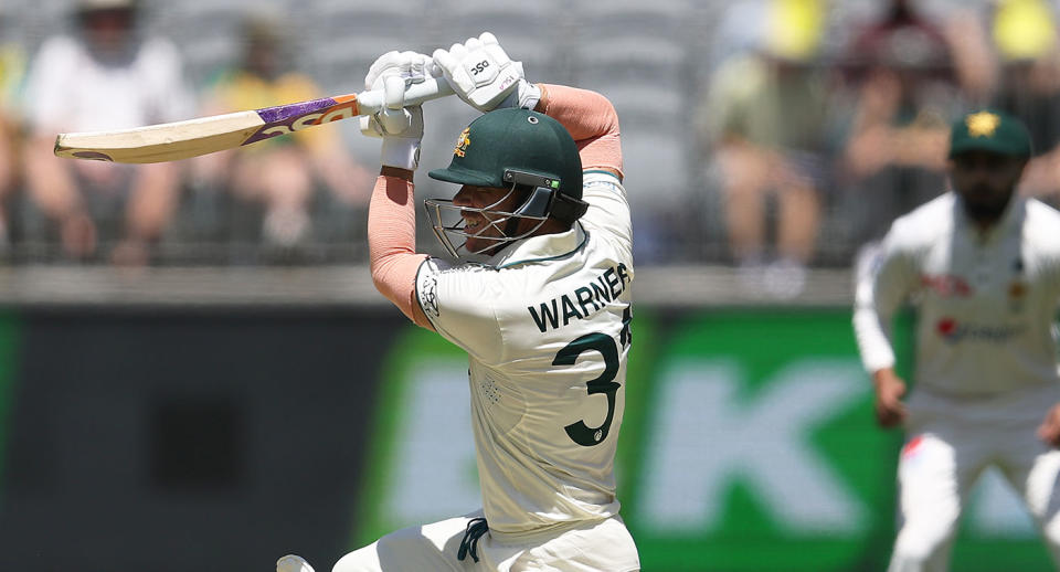 David Warner is seen here batting for Australia on day one of the first Test against Pakistan in Perth. Pic: Getty