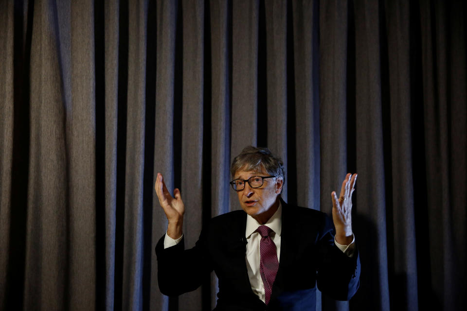 Microsoft founder Bill Gates speaks during an interview at the fringes of the Reinvented Toilet Expo showcasing sewerless sanitation technology in Beijing, China November 6, 2018.  REUTERS/Thomas Peter