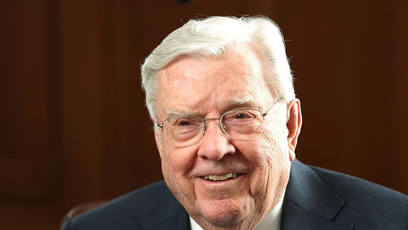President M. Russell Ballard, acting president of the Quorum of the Twelve Apostles of The Church of Jesus Christ of Latter-day Saints, smiles during an interview in Salt Lake City on March 22, 2022.