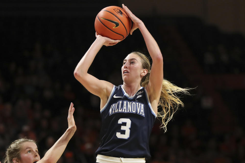 FILE - Villanova guard Lucy Olsen (3) shoots against Oregon State during the second half of an NCAA basketball game on Sunday, Nov. 12, 2023, in Corvallis, Ore. Iowa has added one of the nation’s most productive scorers from last season as the Hawkeyes get ready to begin their post-Caitlin Clark era. Lucy Olsen said on social media Wednesday, April 17, 2024, that she’s joining the Hawkeyes after the former Villanova star entered the transfer portal. (AP Photo/Amanda Loman, File)