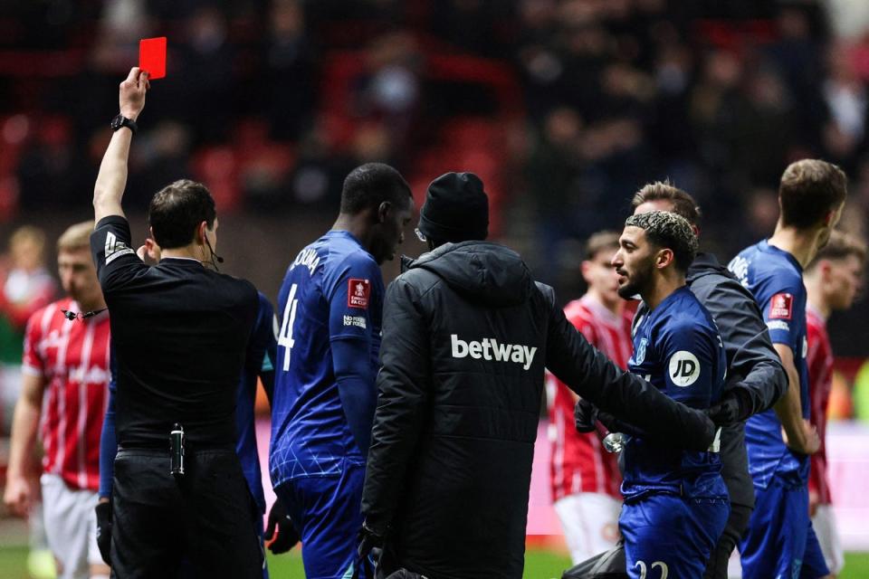 Marching orders: Benrahma was sent off at Ashton Gate (AFP via Getty Images)