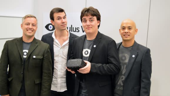 Oculus leaders. Palmer Luckey holds a Rift in his hands.