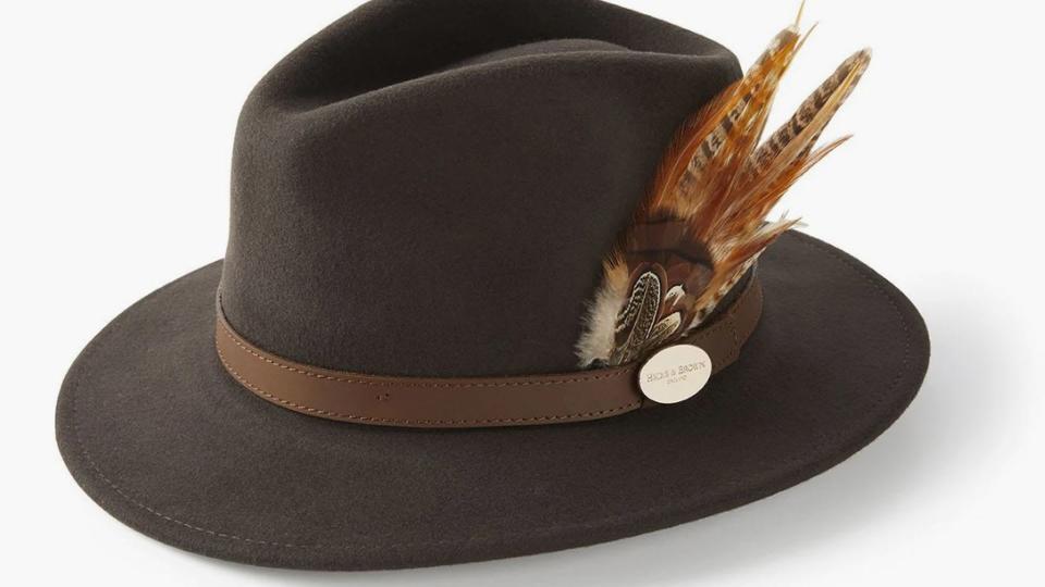 Hicks and Brown hat Suffolk Fedora with Gamebird Feather in Dark Brown