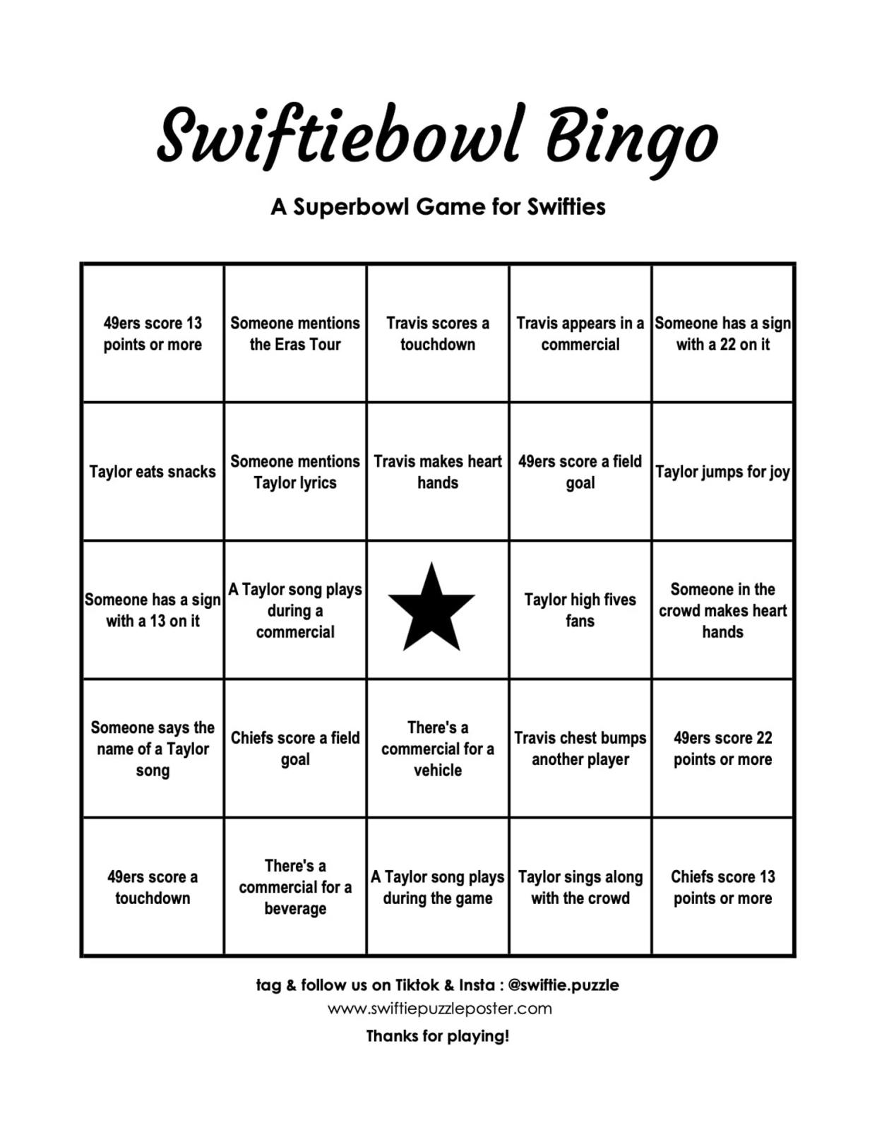 Taylor Swift-themed Bingo card (Courtesy Rhiannon and Emma Safford)