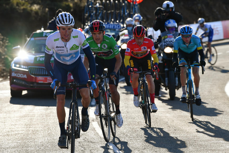 ALTO-DE-LA-COVATILLA, SPAIN - NOVEMBER 07: Enric Mas Nicolau of Spain and Movistar Team White Best Young Jersey / Richard Carapaz of Ecuador and Team INEOS - Grenadiers Green Points Jersey / Primoz Roglic of Slovenia and Team Jumbo - Visma Red Leader Jersey / Aleksander Vlasov of Russia and Astana Pro Team / Breakaway / during the 75th Tour of Spain 2020, Stage 17 a 178,2km stage from Sequeros to Alto de la Covatilla-Sierra de Béjar 1965m / @lavuelta / #LaVuelta20 / La Vuelta / on November 07, 2020 in Alto de la Covatilla, Spain. (Photo by Justin Setterfield/Getty Images)